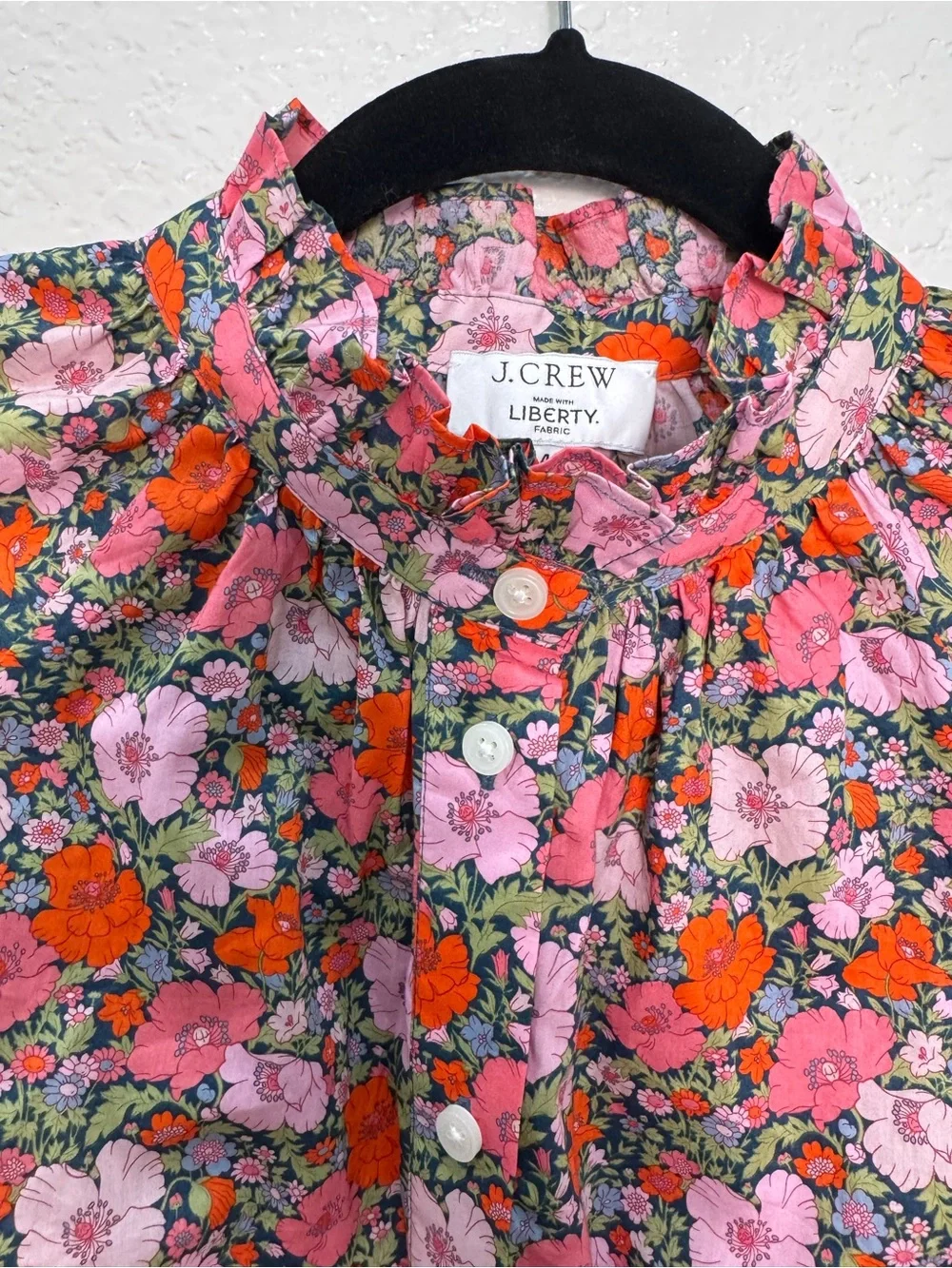 J.Crew Liberty London Floral Shirt Womens 4 Pink Orange Button Up Ruffle Neck
